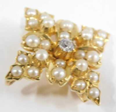 A seed pearl and diamond brooch, in a square floral and foliate design, in yellow metal, 3.9g. - 3