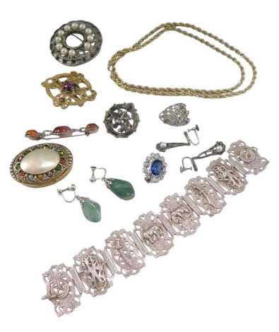 Silver and costume jewellery, including marcasite set earrings, Celtic brooches, and an Indian silver eight link bracelet. (a quantity)