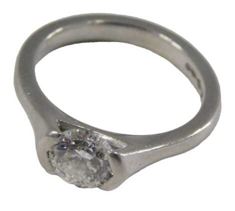 A platinum and diamond solitaire ring, the brilliant cut stone in a claw setting, approximately 1ct, stamped 950, size K, 6.3g.