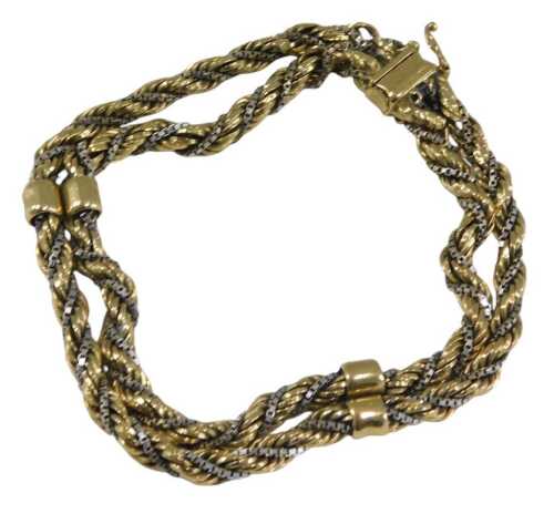 A bicolour two strand box and rope twist bracelet, on a snap clasp, stamped 750, 24.4g.