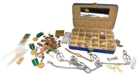 Silver and costume jewellery, Masonic jewels, RAF buttons, coins, a compact, pocket knife, and three pairs of clamps.