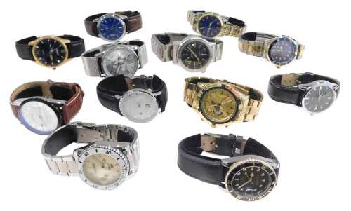 Twelve gentlemans replica dress wristwatches, including Xinew, Fngeen, Extree, Curdden, and Langlishi, cased.