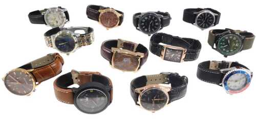 Twelve replica gentlemans dress wristwatches and chronographs, including Boamigo, Belushi, Fngeen, Chenxi, Pour Homme, and Mini Focus, cased.