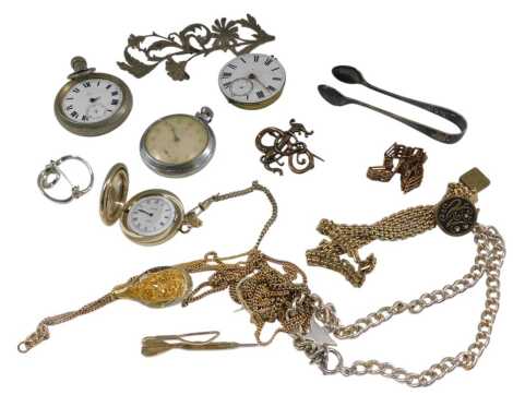 An early 20thC gentlemans railway timekeeper, by Thomas Russell & Son of Liverpool, two further pocket watches, and costume jewellery, including neck chains, gate bracelet, and brooches.