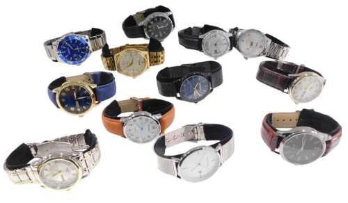 Twelve replica gentlemans dress wristwatches, including Bosch, Chenxi, Carl F Bucherer, Cuena, and Biden, cased.