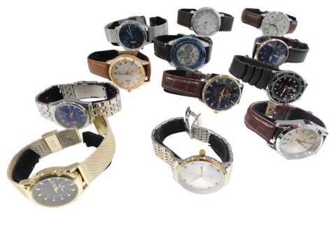 Twelve replica gentlemans dress wristwatches and chronographs, including Citizen, Sieko, Ochstin, Belushi, Yazole, and Poedagar, cased.