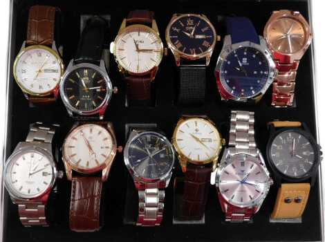 Twelve replica gentlemans dress wristwatches, including W Woor, Seiko, Skmei, and Ben Nevis, cased.