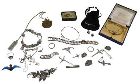 Silver and costume jewellery, including crucifix pendants, Queen Victoria gilt penny pendant 1889, RAF silver and enamel wings brooch, floral marcasite and simulated pearl brooch, Pandora bracelet, and a gold plated and paste set bangle.