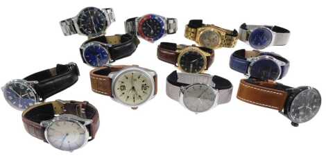 Twelve replica gentlemans dress wristwatches and chronographs, including Curren, Guanquin, Wwoor, Bosch, and Hannah Martin, cased.