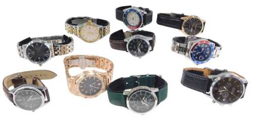 Ten replica gentlemans dress wristwatches, including Bosch, In Time, Ouyawei, Pour Homme, and Citizen, cased.