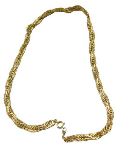 A braid link neck chain, on a bolt ring clasp, yellow metal, unmarked, 23.6g. We are unable to test the magnet with a magnet, sold as per description.