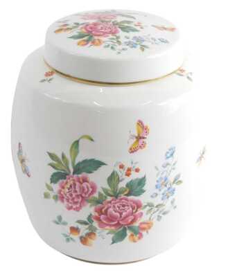 A Royal Crown Derby Derby Days pattern ginger jar and cover, decorated with flowers, butterflies, etc., 22cm high, printed marks in red to underside.
