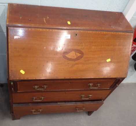 *An Edwardian mahogany and inlaid bureau, 100cm high, 75cm wide, 50cm deep. Buyer Note: VAT payable on the hammer price of this lot