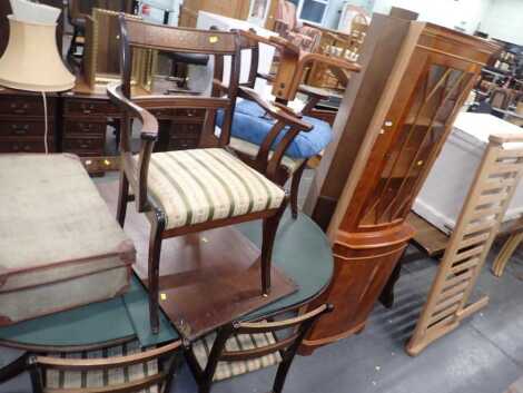 A mahogany twin pedestal dining table, together with six Regency style mahogany dining chairs, with brass inlay, and an upholstered stool, (AF), a mahogany standing corner cabinet, and a yew standing corner cabinet, a pair of yew cabinets, with two cupboa