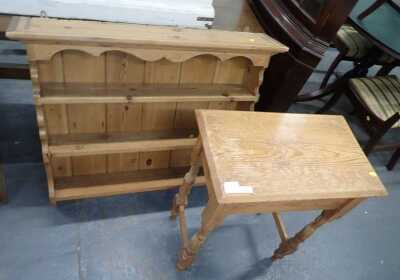 A pine hanging wall shelf, 75cm high, and a pine side table.