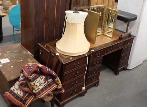 A group of furniture, to include a mahogany bedroom chair, standard lamp, triple mirror, wool rug, etc. (a quantity)