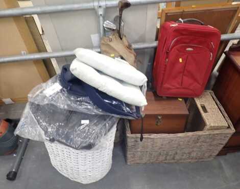 Various wicker baskets, together with golf clubs, a Samsonite suitcase, etc. (a quantity)