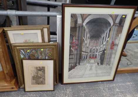 Various pictures, prints, etc., to include H Beckler, Cathedral interior, watercolour and pencil, 86cm x 63cm, further prints, etc. (a quantity)