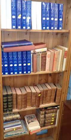 Various books, to include All the Year Round, dates to include 1868, 1864, leather and marble boards, Strand magazine, bound editions, dated 1894 and 1896, various The New Grove Dictionary of Music and Musicians, etc. (4 shelves)