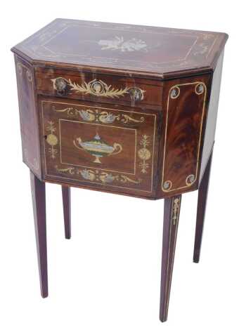 An early 19thC Continental mahogany small work table, with an arrangement of a false drawer above a cupboard, on square tapering legs, decoration English and of a later date, 58cm wide.