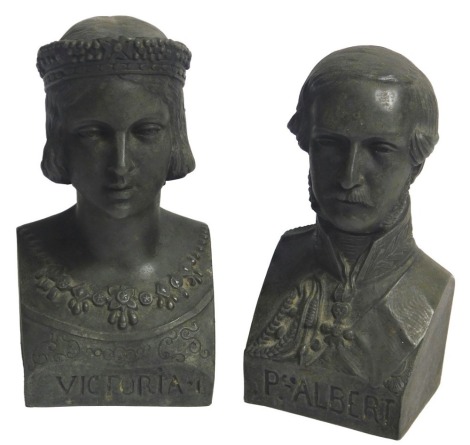 A pair of 19thC spelter busts, in the form of Queen Victoria and Prince Albert, produced in 1841 for their wedding, 15cm high.