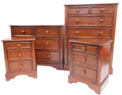 A Willis and Gambier bedroom suite, comprising a chest of two short over four long drawers, 122cm high, 87cm wide, 47cm deep, a pair of three drawer bedside tables, 67cm high, 49cm wide, 39cm deep, and a further chest of two short over two long drawers, 8