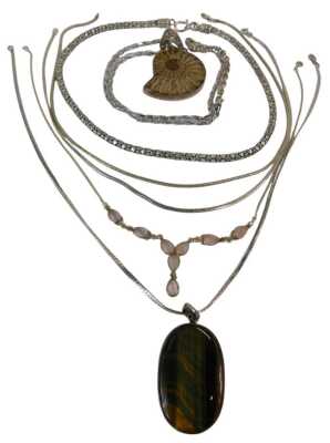 Various silver jewellery, including an ammonite pendant with chain, three necklaces, a moonstone and silver necklace, and a tiger's eye pendant on a silver chain. (a quantity)