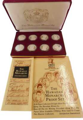 A Liberty Mint Hawaiian Monarchy medallion silver proof set, comprising eight coins, in fitted box with booklet.