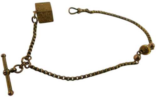 A rose metal box link Albert chain, with T bar, lobster claw clasp, and engraved cube, stamped 9ct, 8.8g.