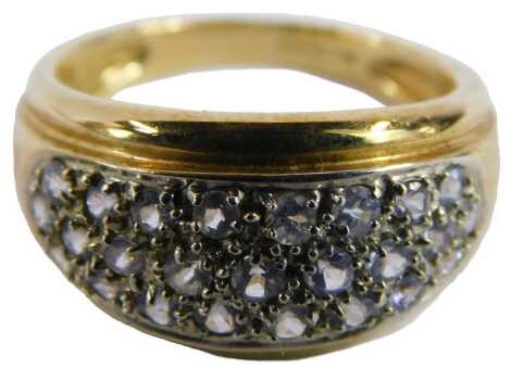 A yellow gold and amethyst dress ring, marked 9k, size N/O, 4.2g.