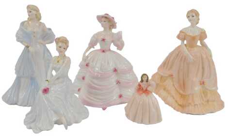 Five Coalport porcelain figures, modelled as Ladies of Fashion Louisa, Gail, Southern Belle, together with The Collingwood Collection Catherine, and Minuettes Zoe.