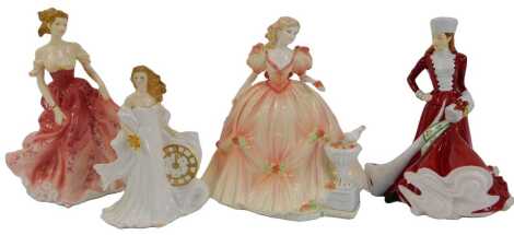 Two Royal Doulton porcelain figures, modelled as Pretty Ladies Christmas Day 2007 and 2007 Stephanie, together with a Coalport porcelain figure from the English Rose 1994 Collection modelled as English Elegance, limited edition number 756/1000, and a Roya