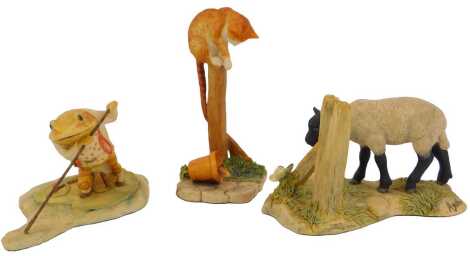 Three Border Fine Arts figures, comprising BP9 Jeremy Fisher Punting, a model of a lamb beside fence post, by Ayres and stamped 1989, 7.5cm high, and a cat on a fence post before a mouse in a plant pot, signed Boy, 12.5cm high.