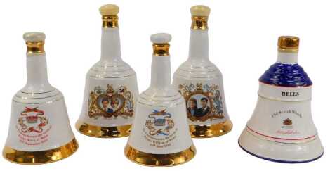 Five royal commemorative Bell's Whisky decanters, three 75cl and two 50cl.