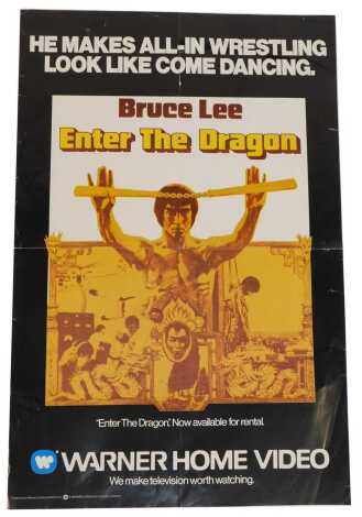 A 1980s Warner Home video poster for Enter the Dragon, starring Bruce Lee, folded, 74cm x 49cm.