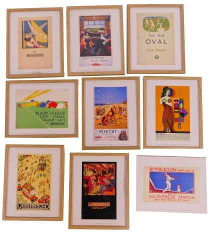 Nine reproduction London Underground promotional prints, framed, 29cm x 18cm.