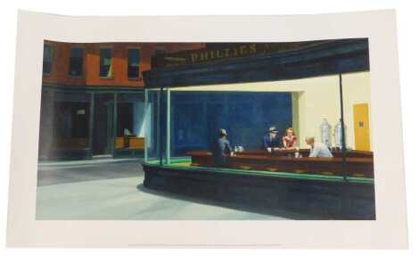 After Edmond Hopper. Night Hawks print, published by King and McGaw, 32.5cm x 60cm.