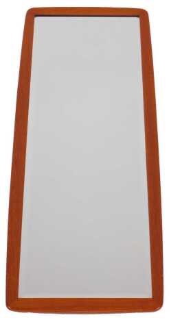 A 1970s teak framed wall mirror, of rectangular form with rounded corners and a bevelled mirror plate, 96cm x 35.5cm.