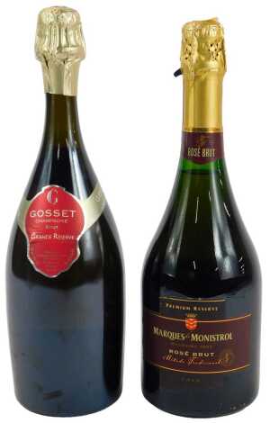 A bottle of Marques de Monistrol Rose Brut cava, and a bottle of Gosset Grande Reserve Brut champagne.