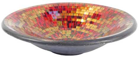 A 1970s pottery bowl, decorated centrally with mosaic pattern in yellow and red glass, 36.5cm diameter.