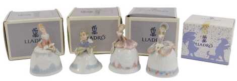 Four Lladro porcelain decorative bells, modelled as Sounds of Fall, Sounds of Winter, Sounds of Summer and Sounds of Spring,