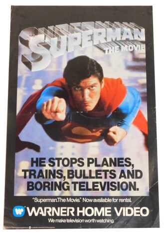 A 1980s Warner Home video poster for Superman, starring Christopher Reeve, 74cm x 49cm.