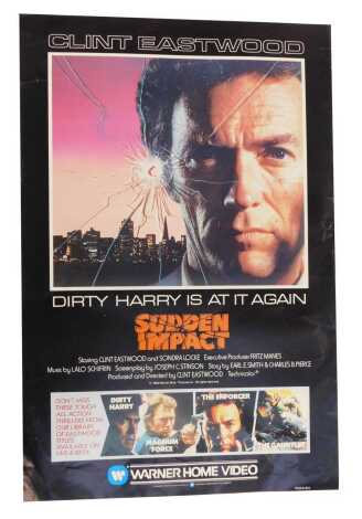 A 1980s Warner Home video poster for Sudden Impact, starring Clint Eastwood, 69cm x 46cm.