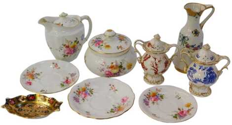 A group of Royal Crown Derby and other porcelain, to include an Imari pattern twin handled dish, 13.5cm wide, Derby Posies hot water jug, lidded sugar bowl, together with two Coalport twin handled vases, and a Moorcroft McIntyre ewer, decorated with flowe