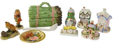 A group of collectable china, including a Coalport porcelain Keeper's Cottage, The Old Curiosity Shop, The Tollhouse, a Goebel Hummel figure, Border Fine Arts figure group modelled as a fox cub taunting a hedgehog, and a Portuguese pottery asparagus dish 