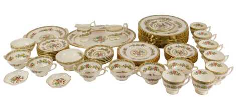 A Coalport porcelain Ming Rose part tea and dinner service, comprising twelve dinner plates, seven teacups, six saucers, eleven side plates, two trinket dishes, two sugar bowls, two milk jugs, six twin handled soup bowls and saucers, six starter plates, a