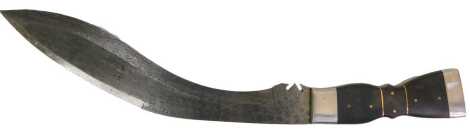 A Middle Eastern kukri, the curved steel blade with concentric roundel decoration, length of blade 32cm long, in a brown embossed leather sheath.