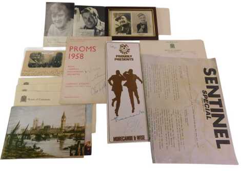 Commemorative and English Heritage ephemera, comprising a Fleet Street London postcard, black and white photographs of Robbie Vincent and Harry Collis, bearing biro signatures, Val Doonican and Ian Sharrock, black and white photographs bearing biro signat