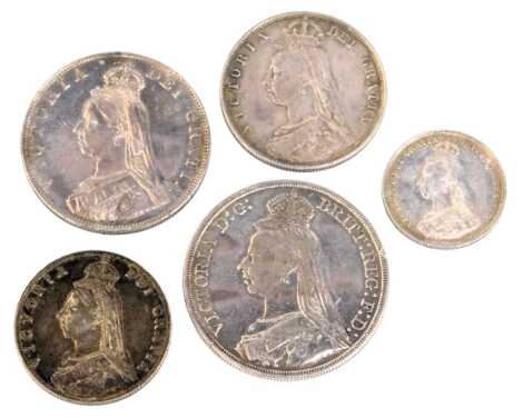 A group of 1887 Queen Victoria Golden Jubilee coinage, comprising a crown, double florin, half crown, florin and shilling.