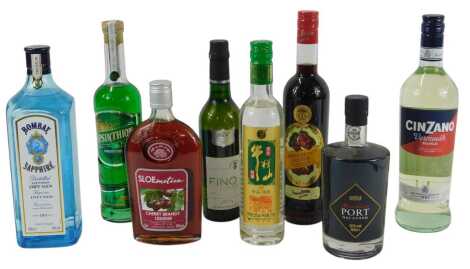 A group of alcohol, to include Bombay Sapphire Dry Gin, Cherry Brandy, Marks and Spencer Port, Vermouth, Absinth, etc. (a quantity)